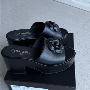 Chanel Black Floral Embellished Mules
